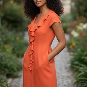Sharagano Orange Ruffle-Front Midi Dress